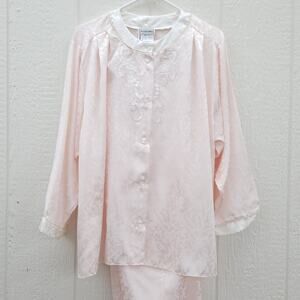 Vtg Natori Pajama 2-Set M Pink Damask‎ Satin Lounge Romantic Luxury Rich Mom EUC